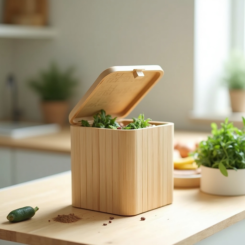 Recipiente de compostaje de cocina con restos de vegetales sobre una mesada de madera clara