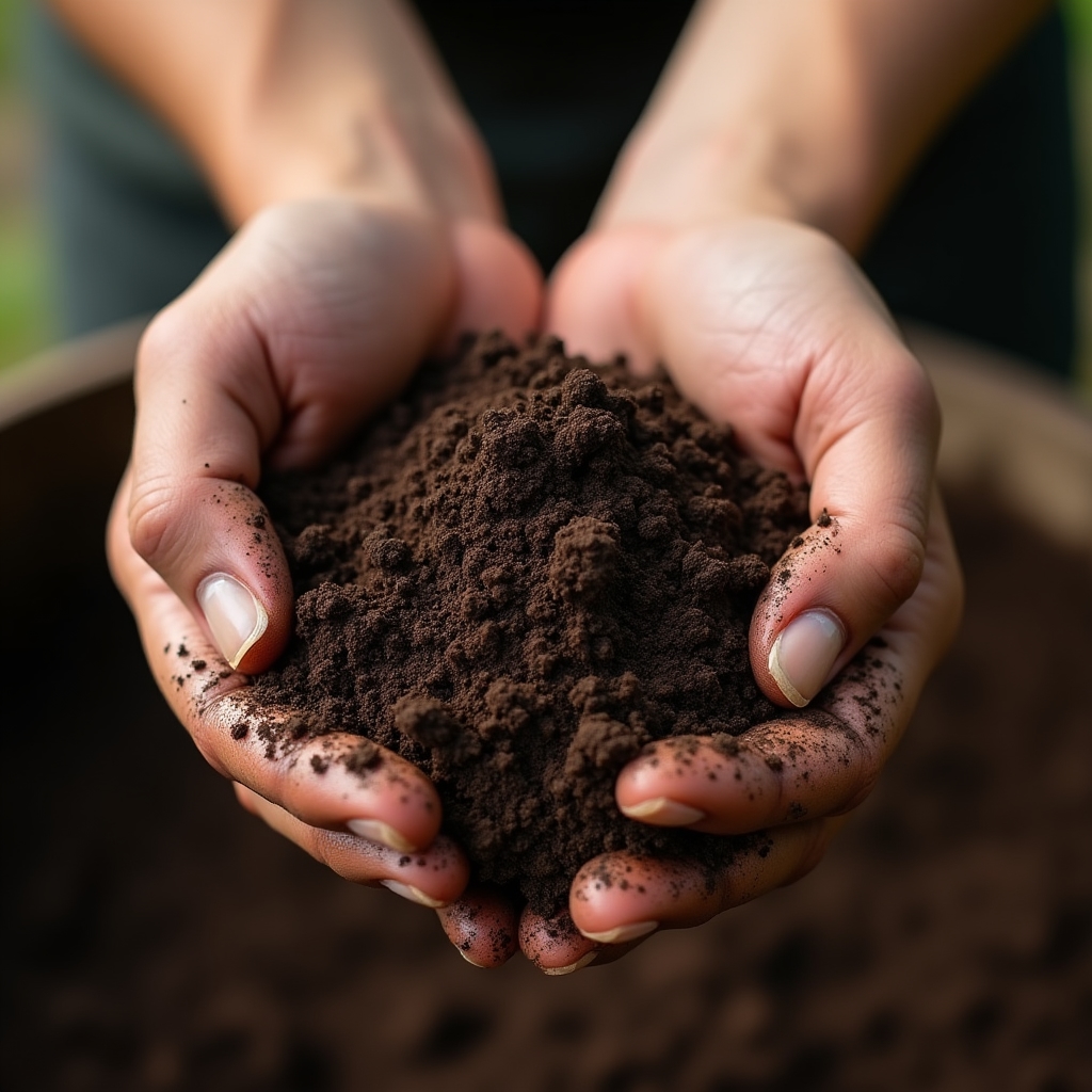 Manos sosteniendo un puñado de compost oscuro y suelto sobre una compostera de madera