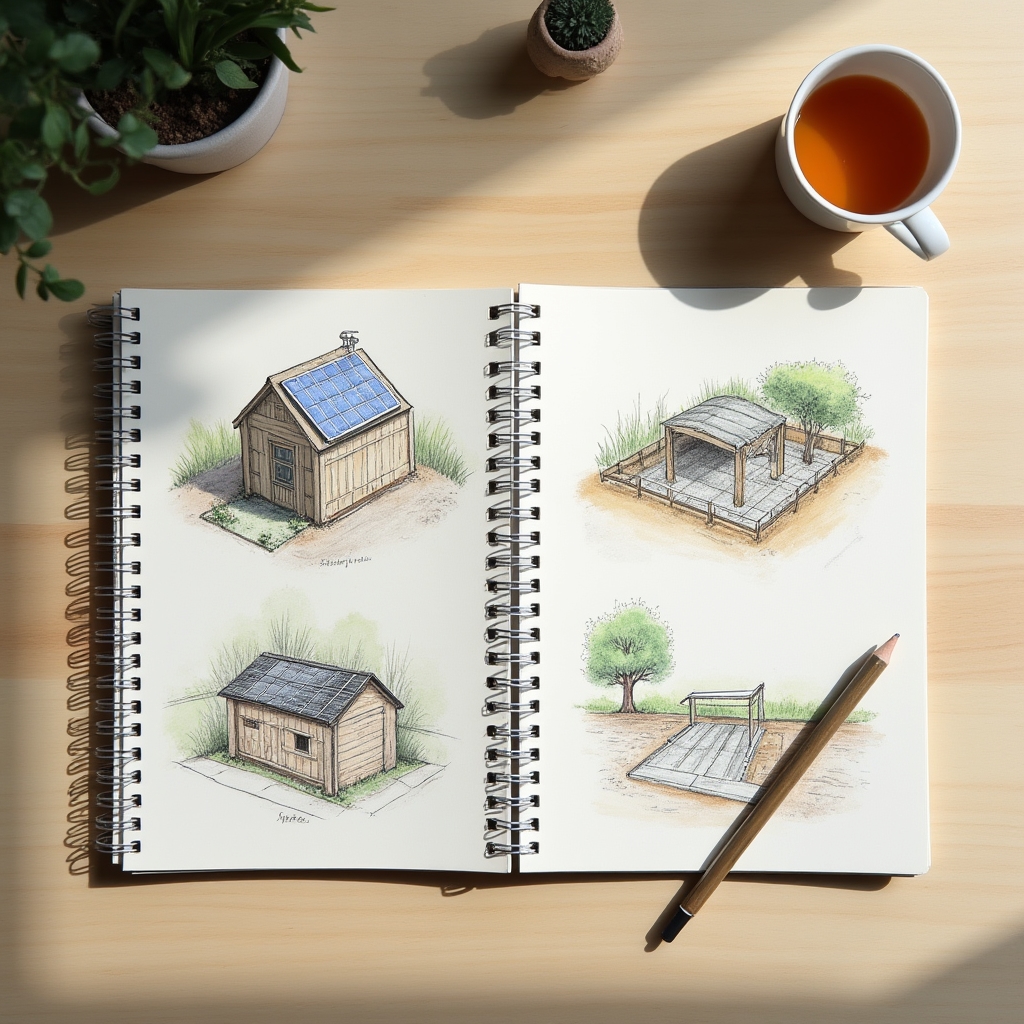 Cuaderno abierto con bocetos y anotaciones sobre paneles solares, compostaje y riego, sobre un escritorio de madera