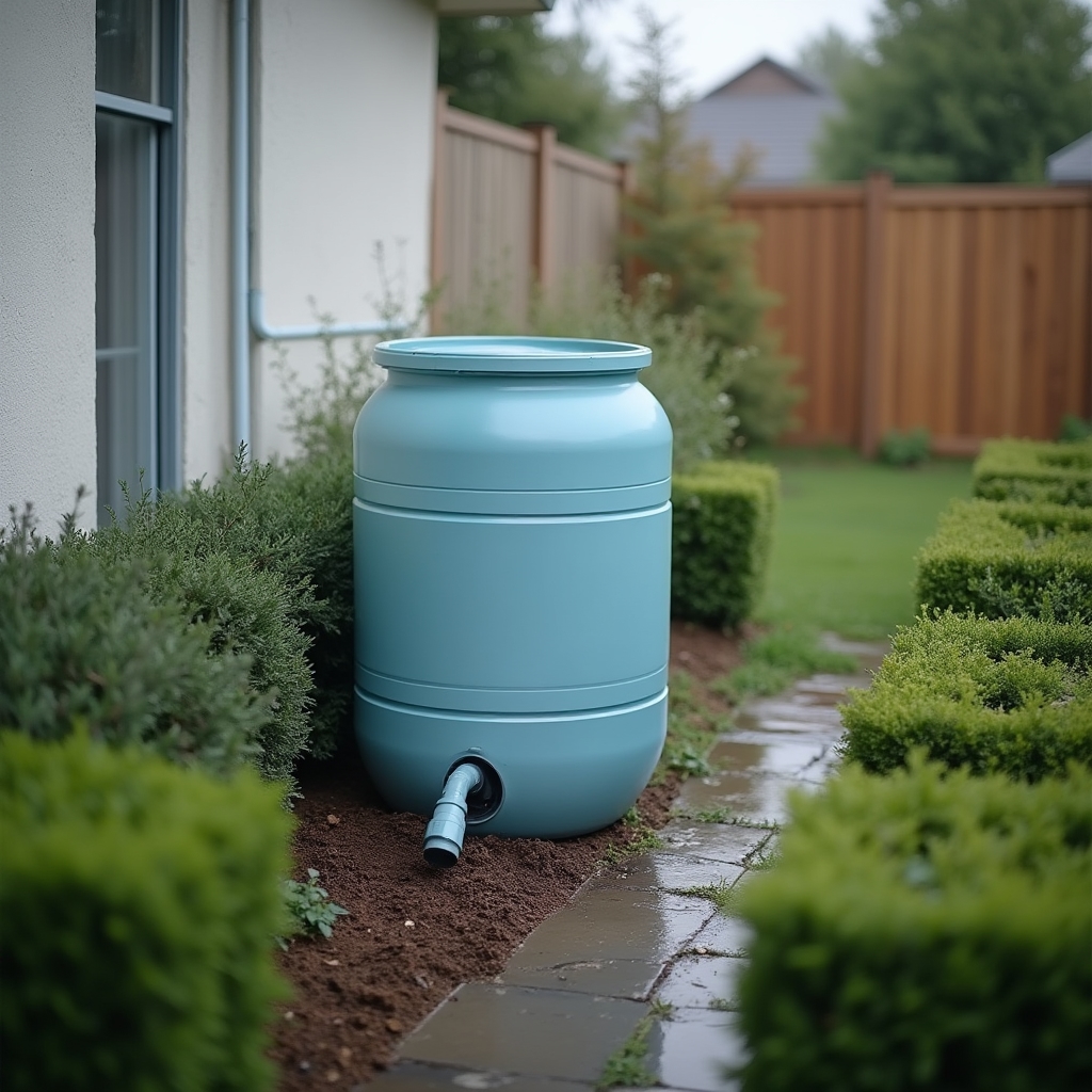 Tambor para recolección de agua de lluvia conectado a un caño de desagüe en un patio doméstico