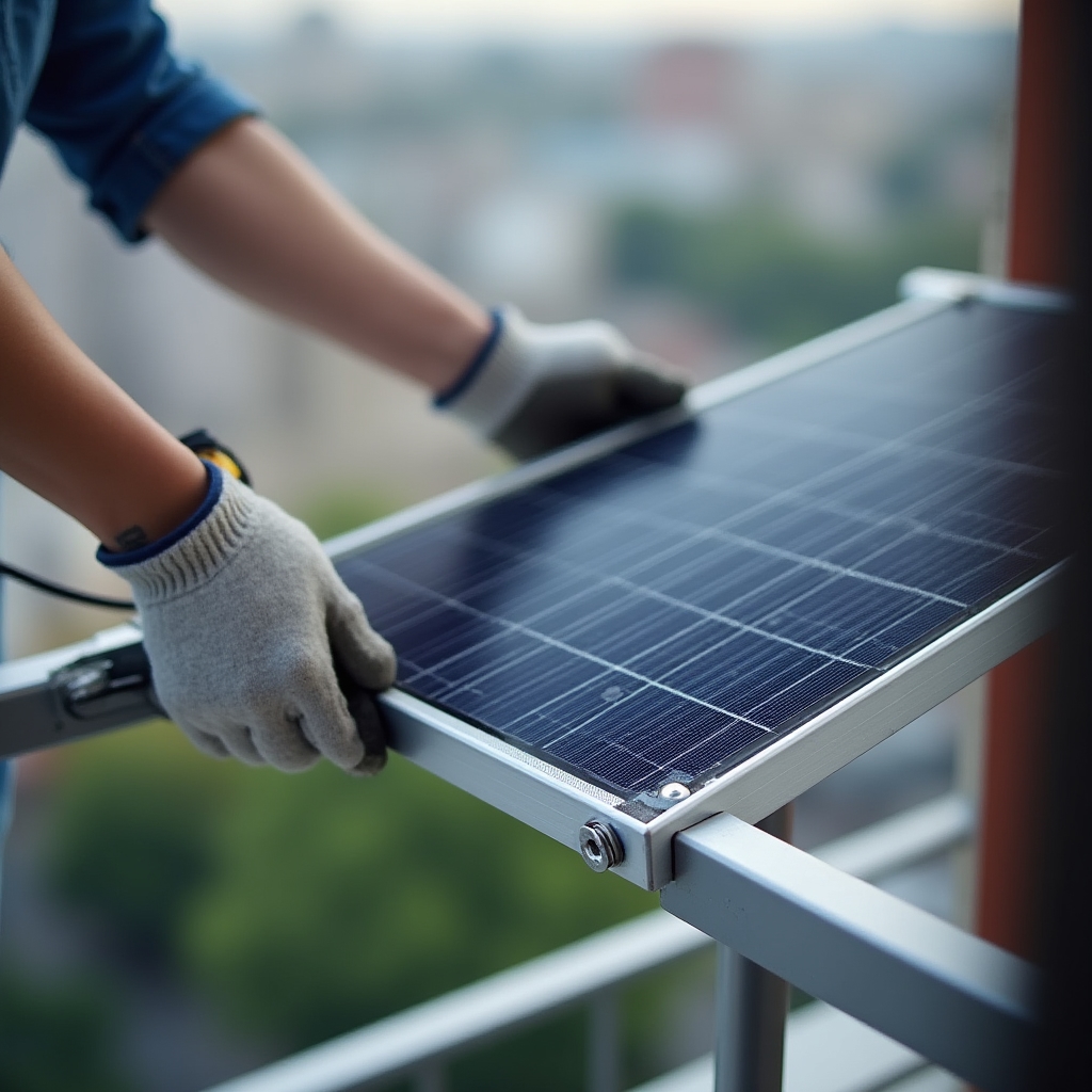 Primer plano de la instalación de un panel solar pequeño sobre una estructura de balcón, mostrando los cables de conexión