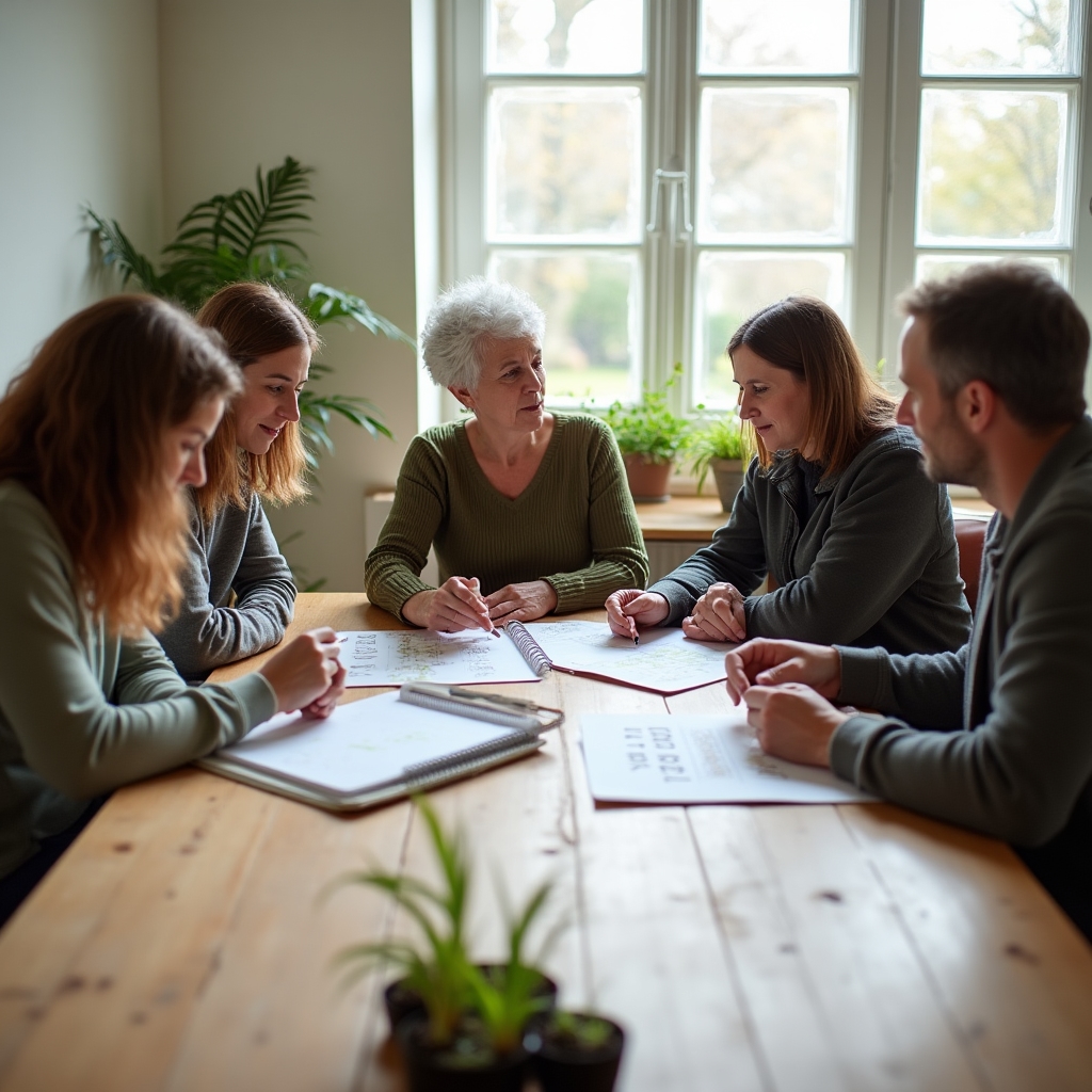 Grupo de personas alrededor de una mesa compartiendo notas sobre plantas y compostaje en un taller comunitario